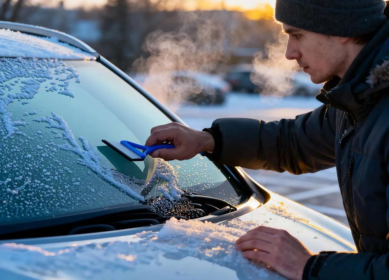 Ein Autofahrer befreit die Frontscheibe von Eis.
