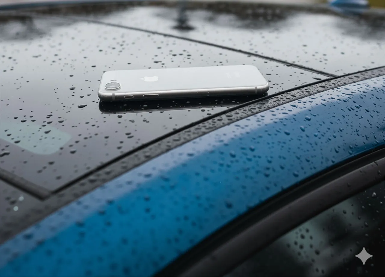 Ein Telefon liegt auf einem Autodach.