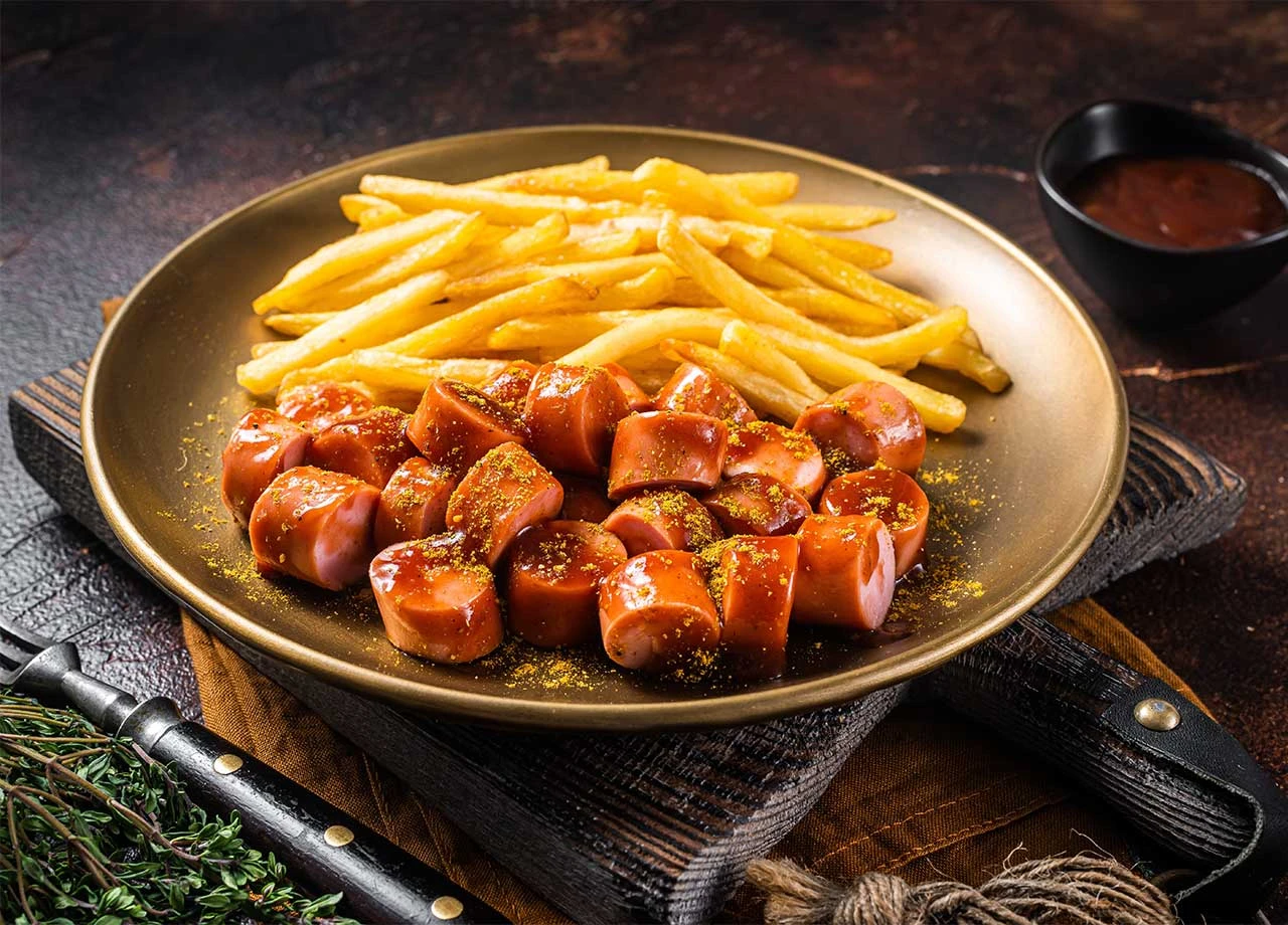 VW-Currywurst mit Pommes