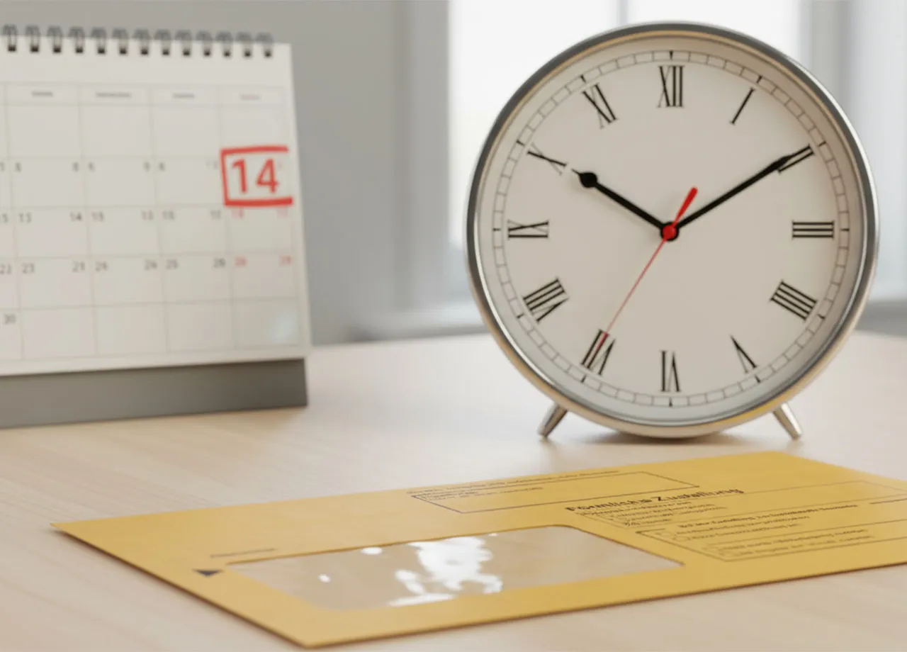 Ein Wecker und ein Kalender verdeutlichen die Zeit, die man hat, um auf einen Bußgeldbescheid zu reagieren. Im Vordergrund liegt ein gelber Briefumschlag.