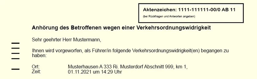 Ein Ausschnitt eines Anhörungsbogens mit Ansprache, Aktenzeichen und Informationen zum Verstoß der Verkehrsordnungswidrigkeit