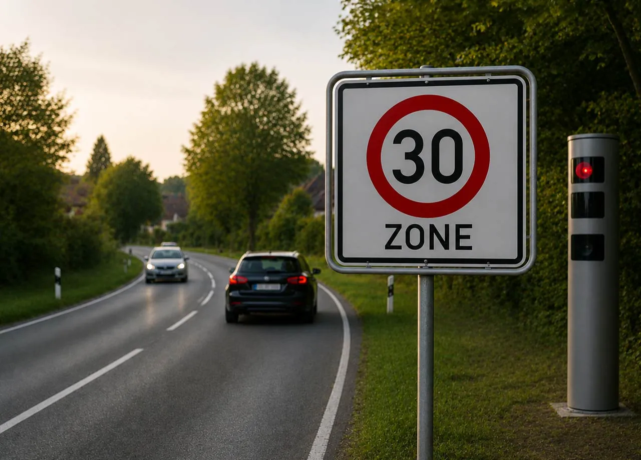 Sachsens Kultusminister wurde geblitzt. Zu sehen sind eine Blitzersäule und ein 30er-Zonen-Schild.