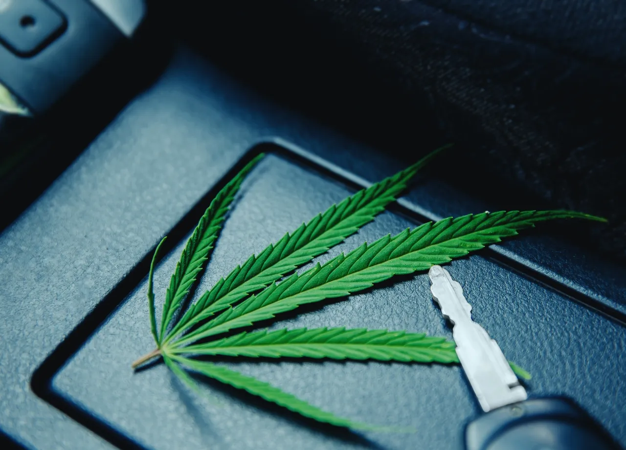 Cannabis liegt neben einem Autoschlüssel auf dem Armaturenbrett des Autos.